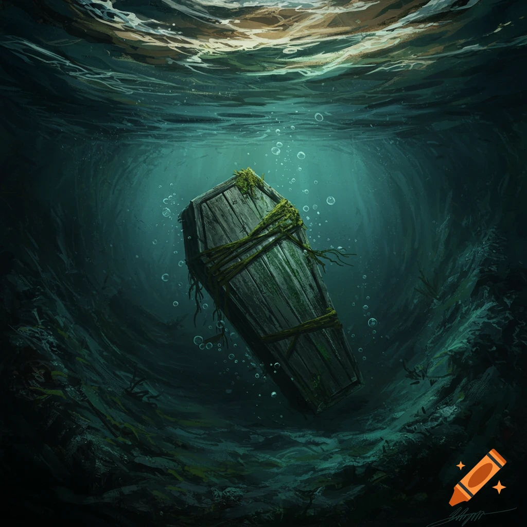 A wooden coffin tied with ropes sinks in dark water with light filtering from the surface.