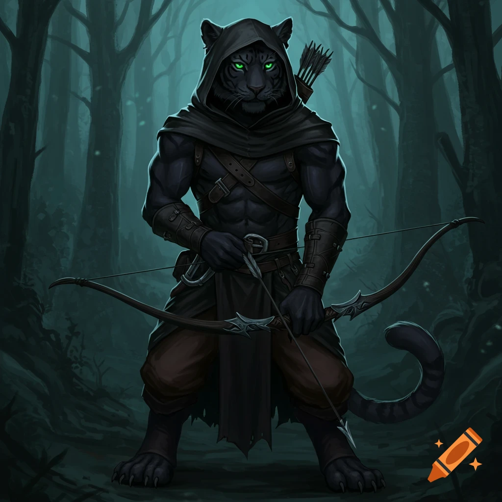 A black cat-like creature in armor and hood holding a bow in a dark forest.