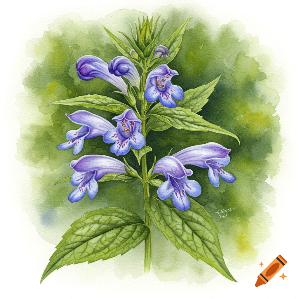 Watercolor illustration of an American skullcap plant with purple flowers and green leaves.