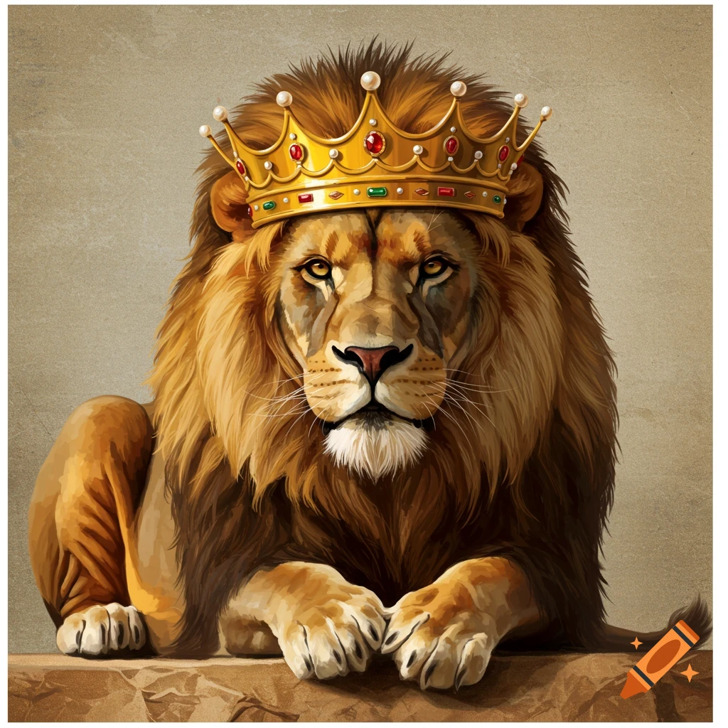A majestic lion wearing a gold crown with jewels, reclined pose.