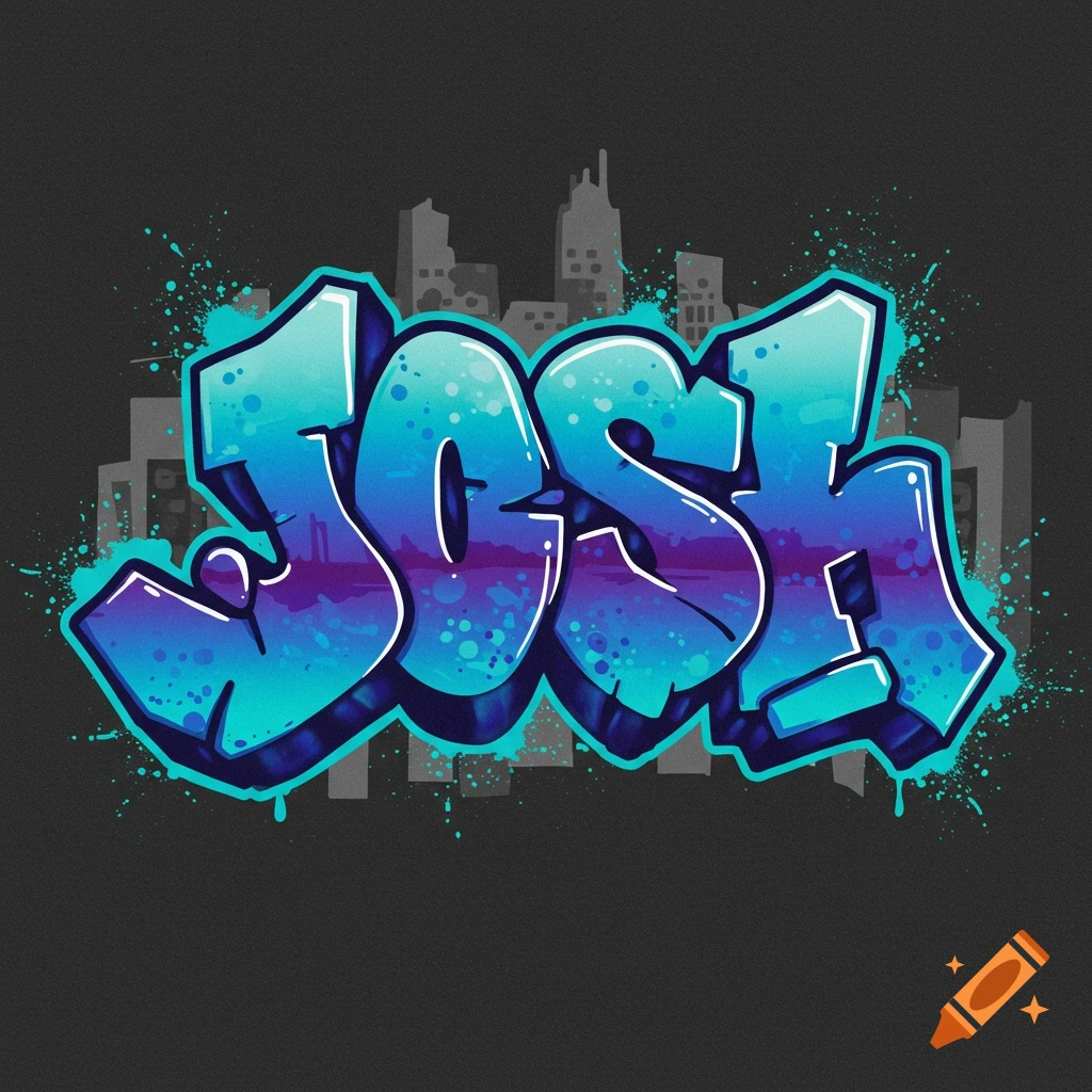 Digital graffiti art of the word JOSH over a city skyline.