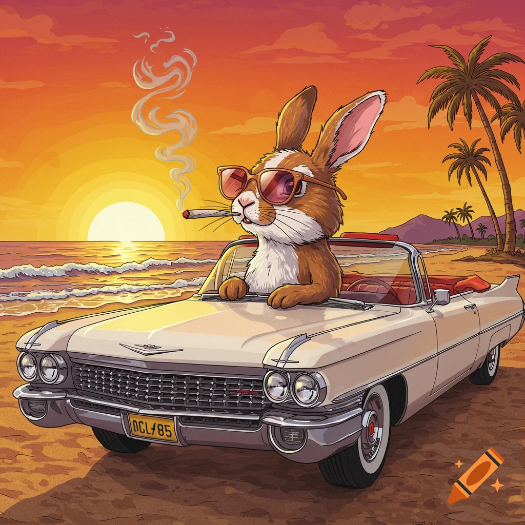 A chill rabbit in sunglasses smoking a joint while driving a white convertible on a beach at sunset.