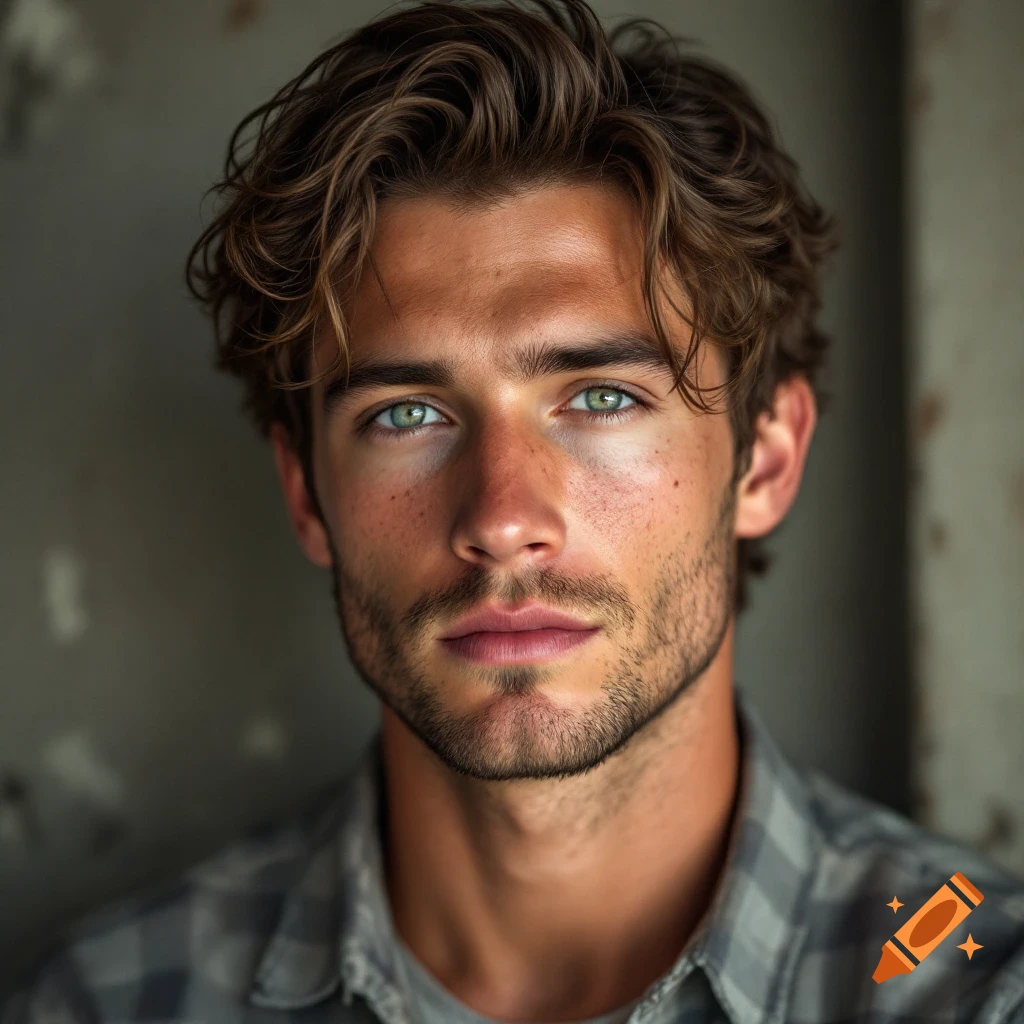 Close-up realistic portrait of a handsome young man with brown hair, green eyes, and freckles.