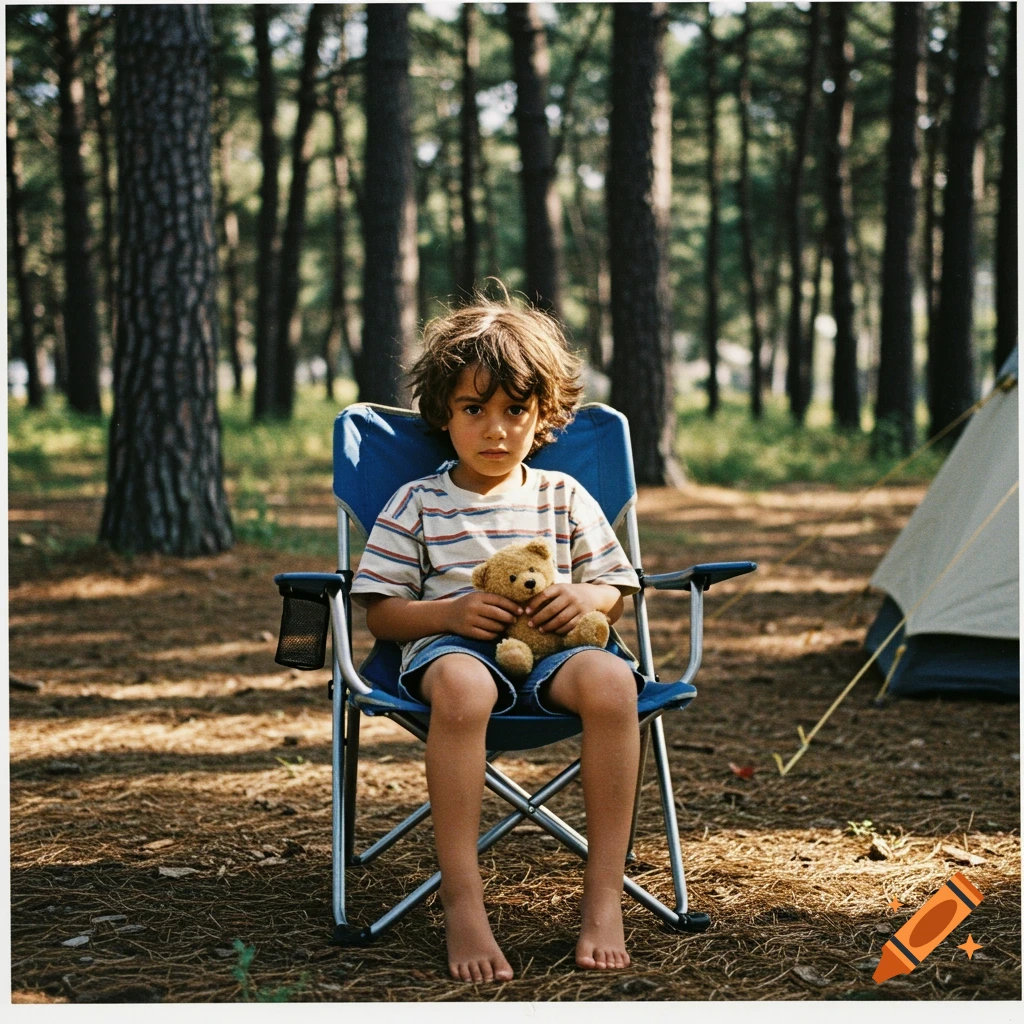 A boy sits in a blue camp chair holding a teddy bear in a forest clearing, 1990s photograph style.