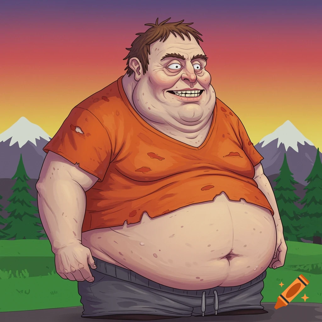 A cartoon caricature of an obese man in a torn orange shirt and grey sweatpants, standing in a landscape with mountains, in the style of South Park.