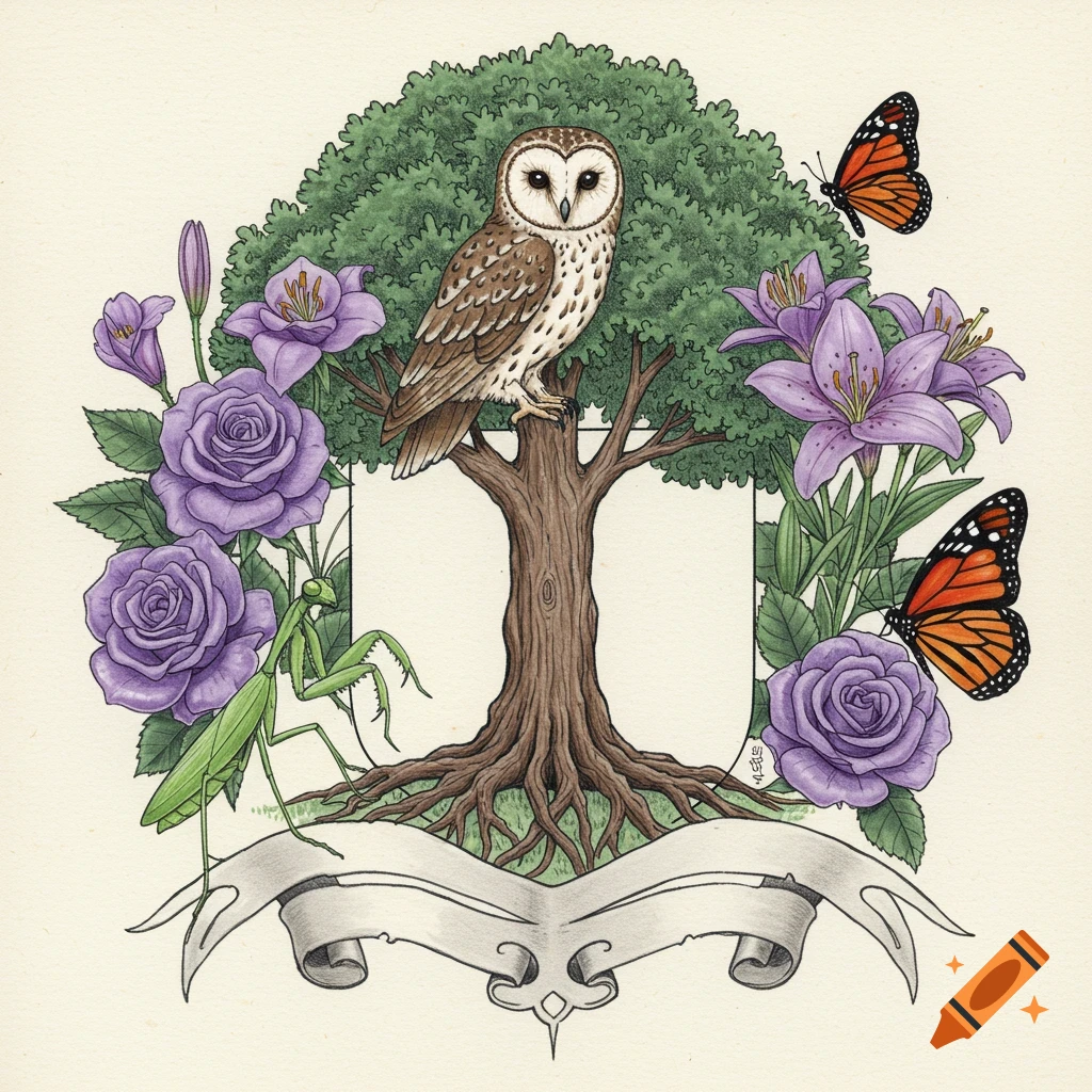 Illustration of an owl on a tree with roots, surrounded by purple roses, lilies, a praying mantis, monarch butterflies, and a blank banner.