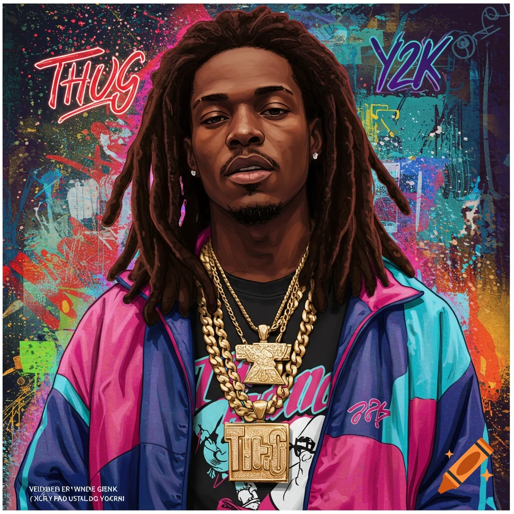 Image of a man with dreadlocks, gold chains, and a colorful jacket, with graffiti style text 'THUG' and 'Y2K'.