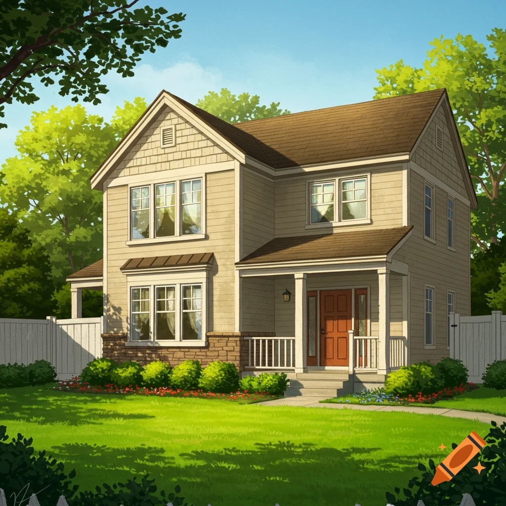 A two-story house with a porch, lawn, trees, and a white picket fence.