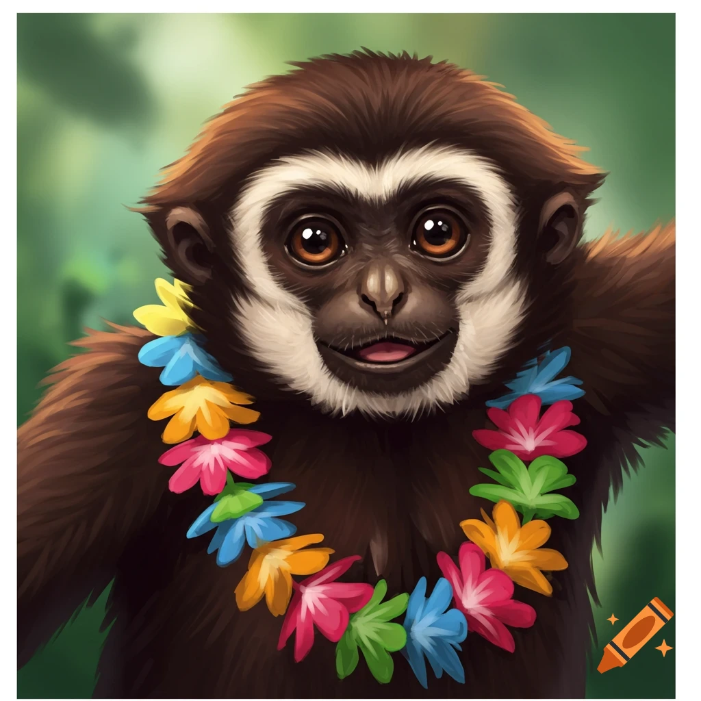 A cartoon/realistic gibbon wearing a lei.