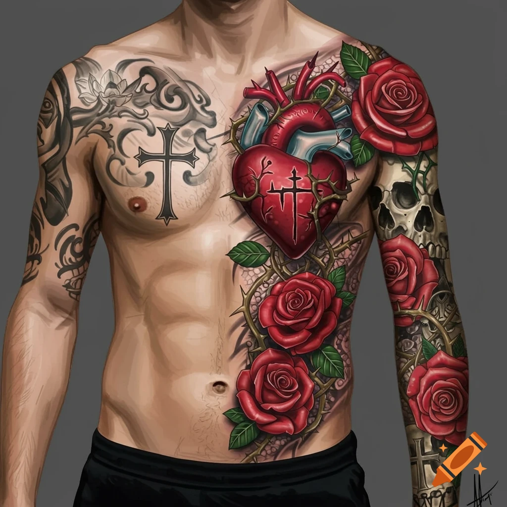 A man's torso and arm are covered in tattoos of a heart with a cross, thorns, roses, and a skull.