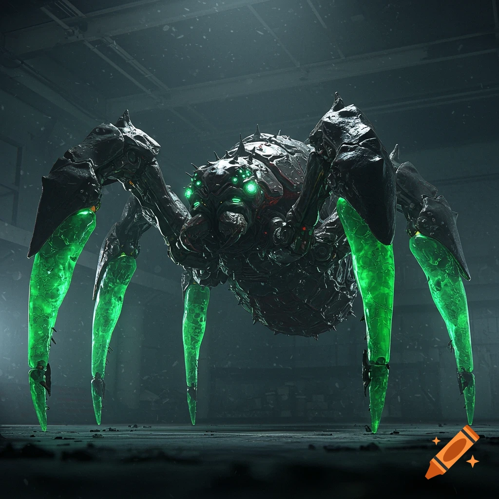 A dark bio-mechanical spider with glowing green liquid legs and multiple green eyes in a dimly lit industrial setting.