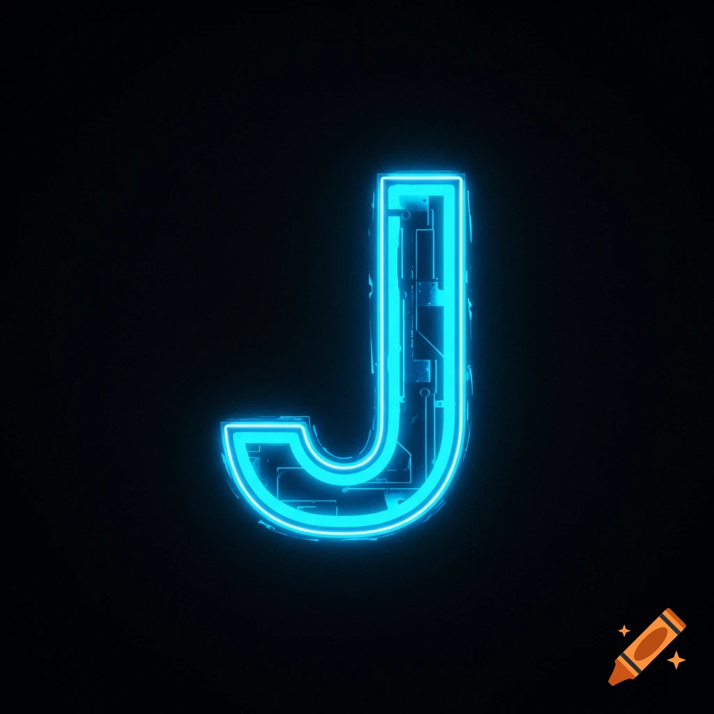 A glowing blue capital letter J with internal circuit details on a black background, digital art.