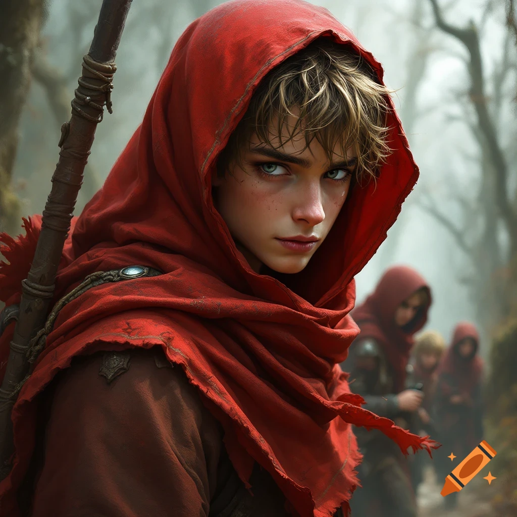 A young person in a red hooded cloak stands in a forest, with blurred figures visible in the background.