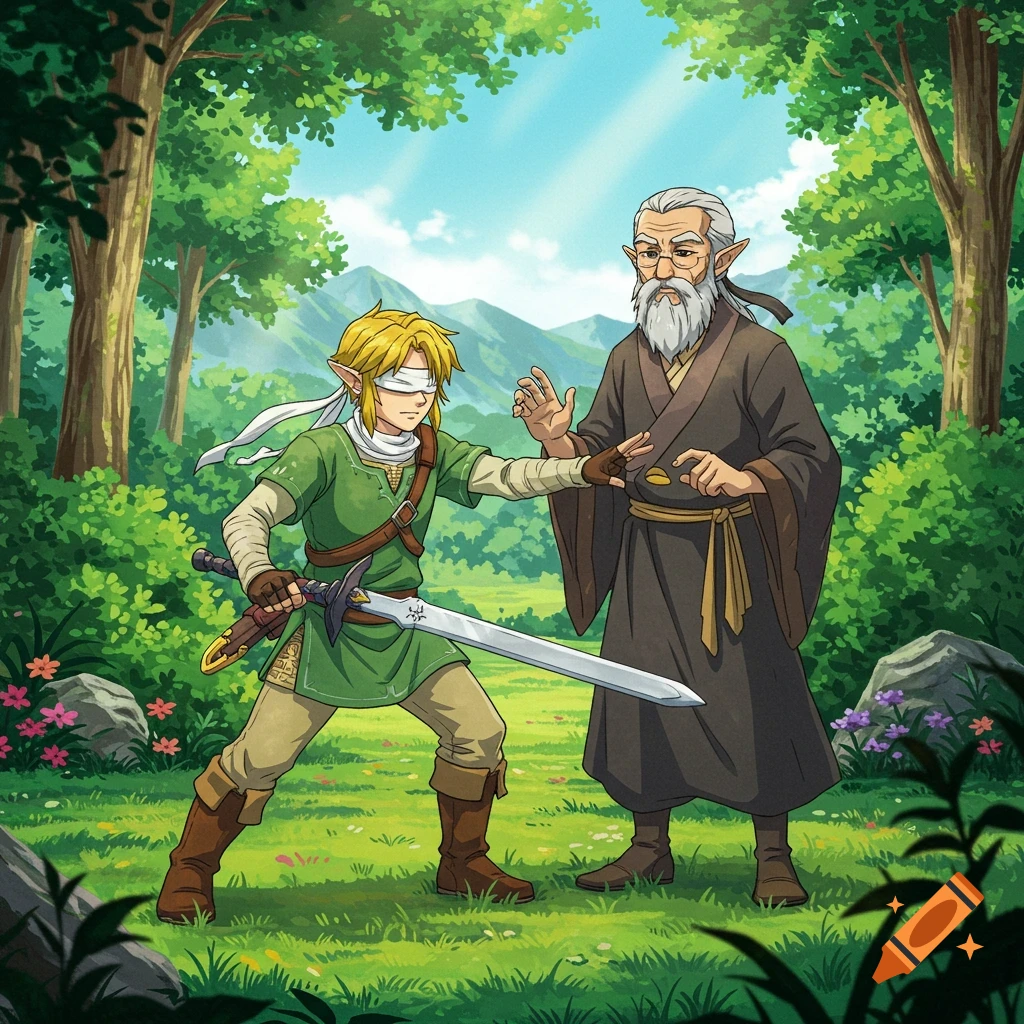 Blindfolded Link practices swordsmanship with an old man in a forest, anime style.