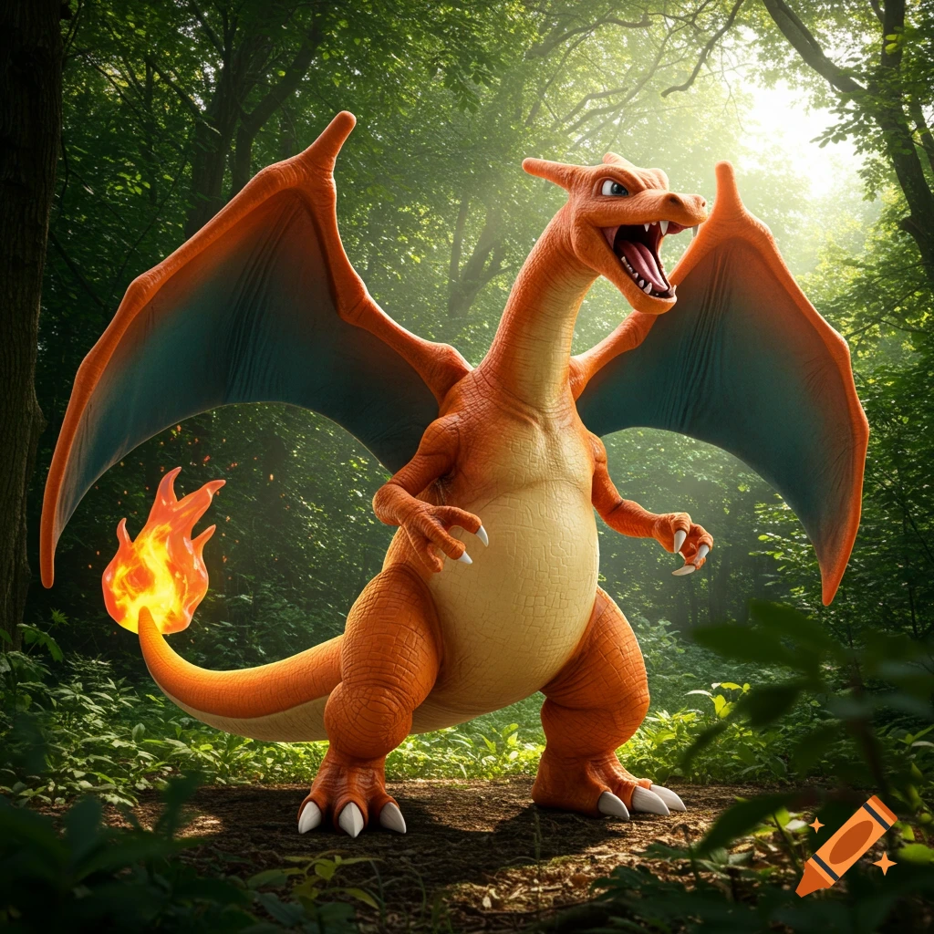 A realistic Charizard stands in a sunlit forest.