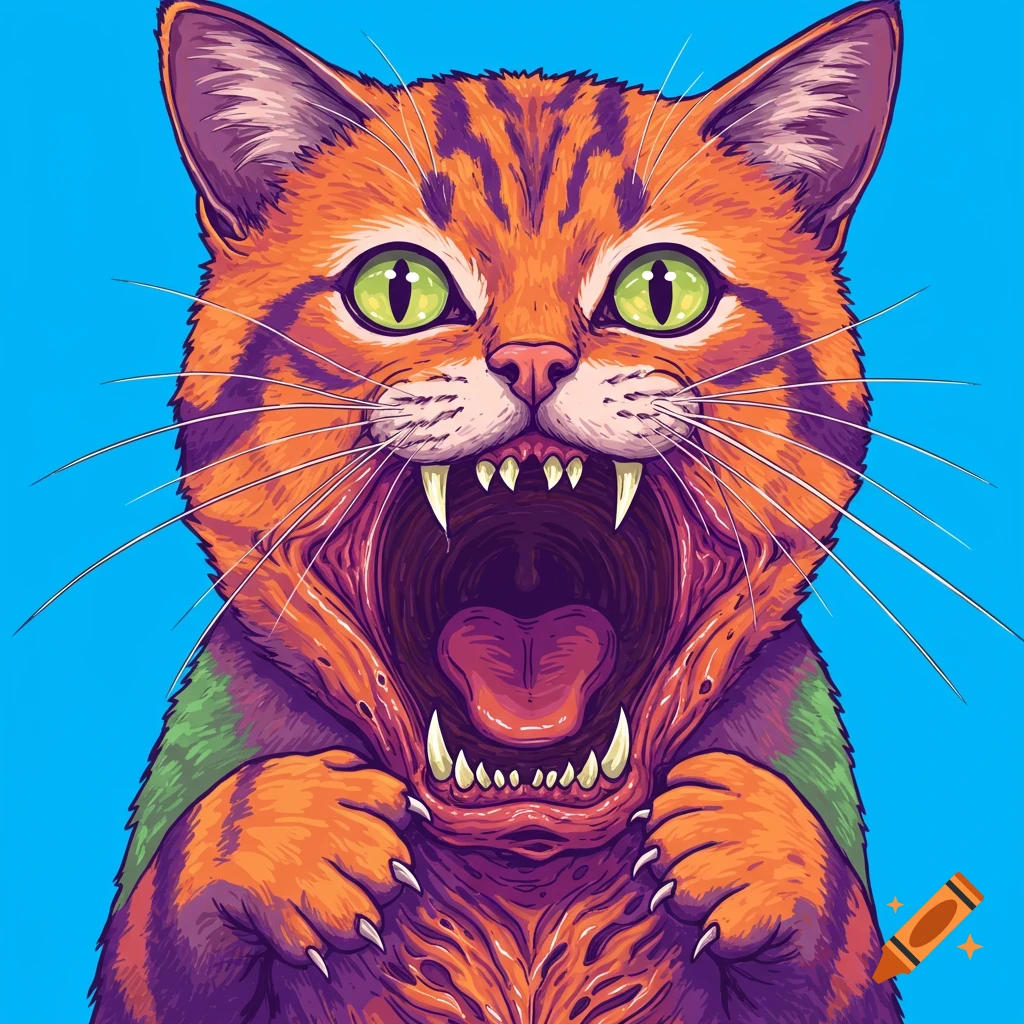 Illustrative close-up of an orange tabby cat with its chest opening into a monstrous mouth filled with sharp teeth.
