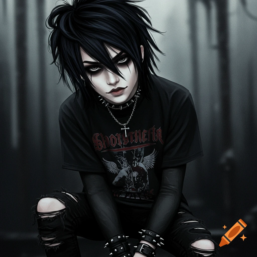 A boy with dark hair, heavy makeup, ripped jeans, and spiked accessories.