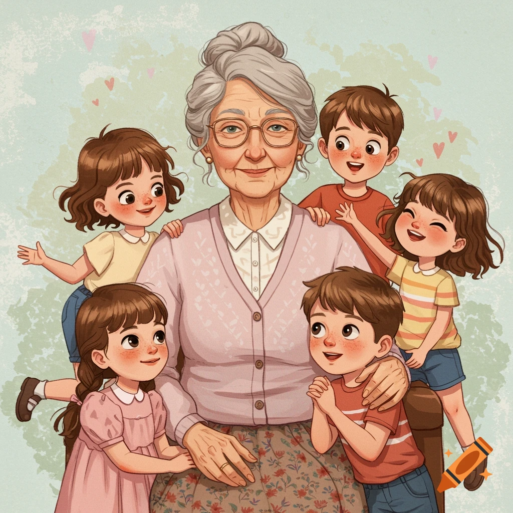 An illustration of a grandmother smiling while surrounded by five happy grandchildren.
