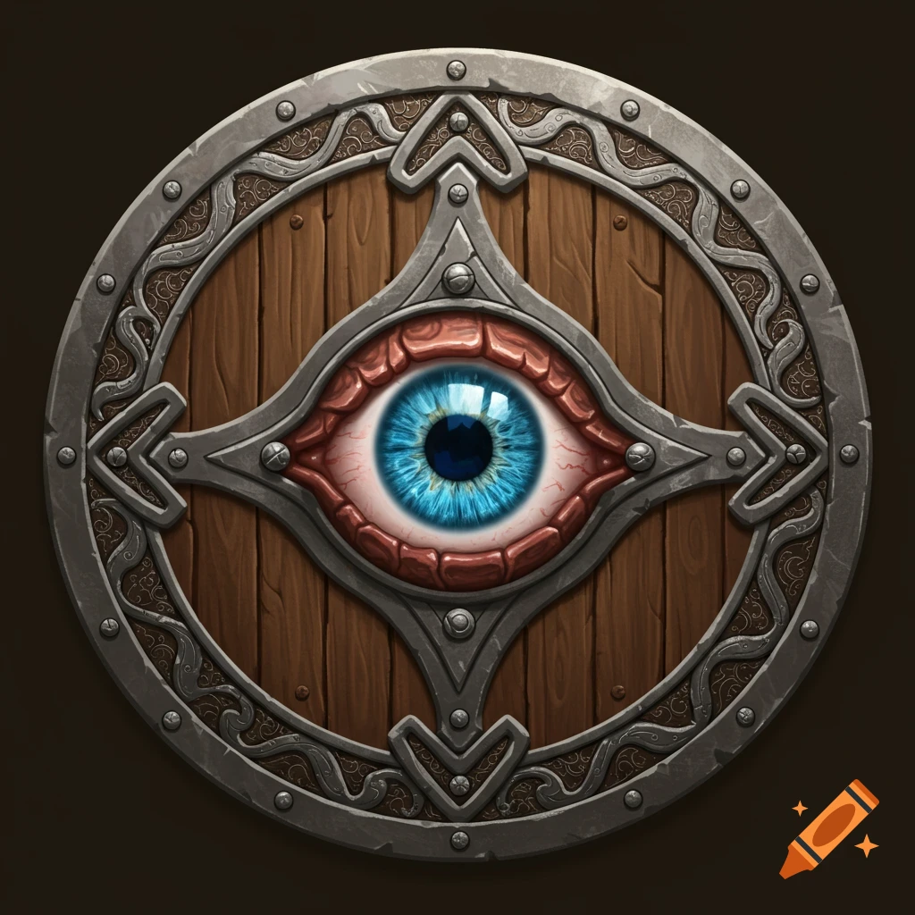 A wooden and metal shield with a large blue eye in the center.