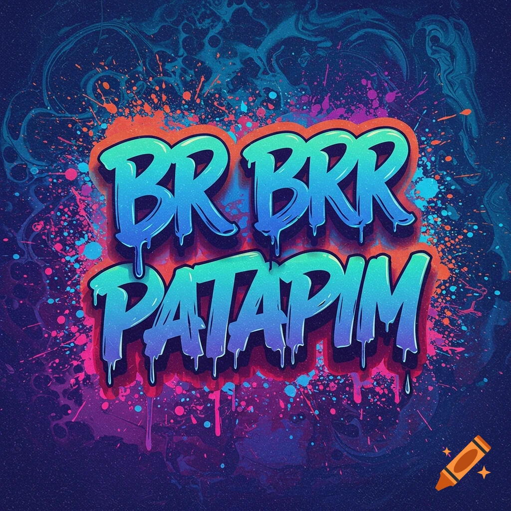 Stylized BR BRR PATAPIM text with drips and paint splatters on dark background.