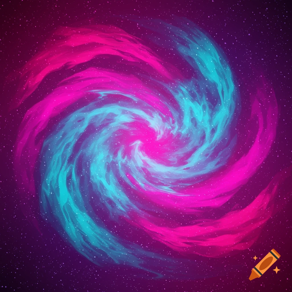 Abstract swirling pink and blue nebula in space against a dark background with stars.