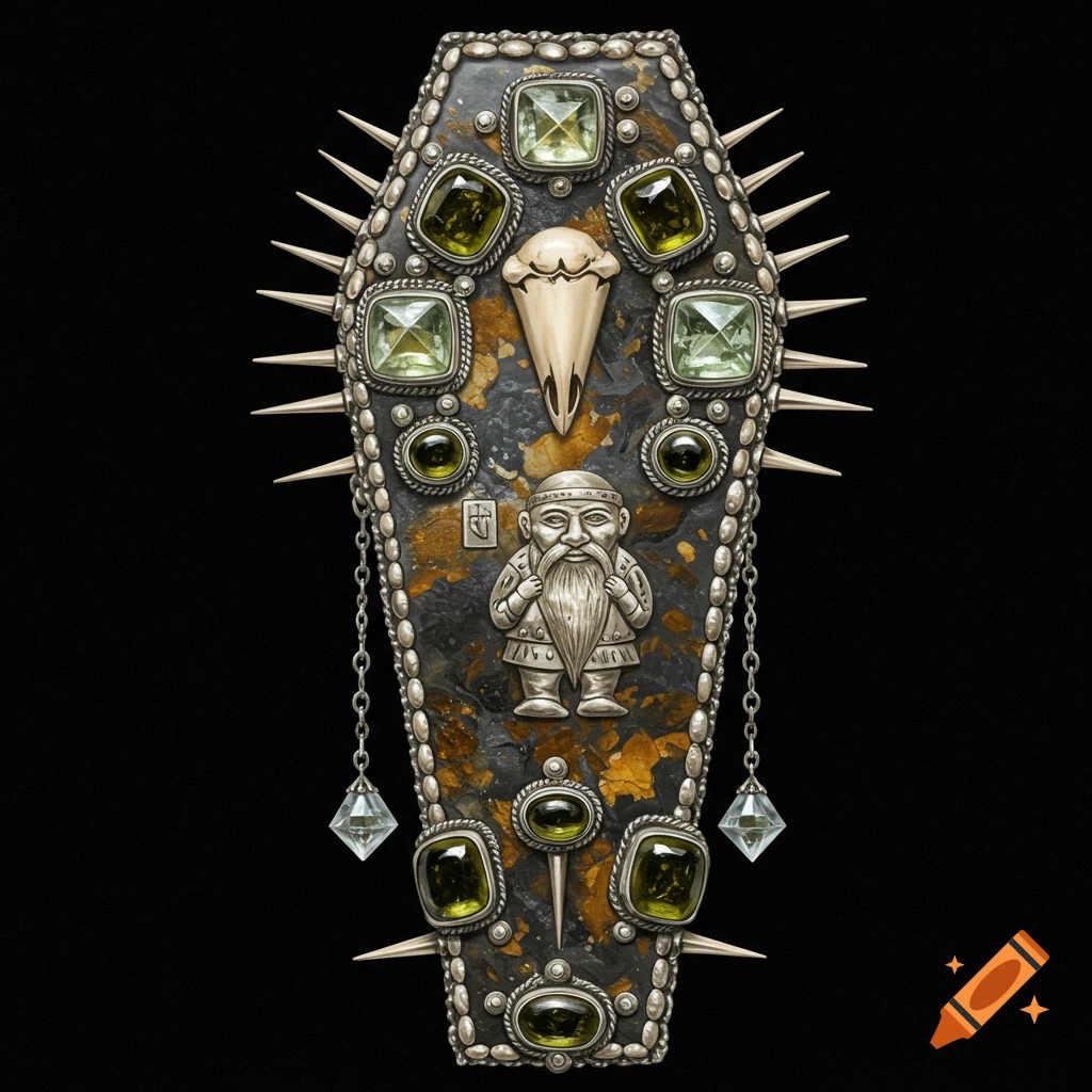 Detailed depiction of a silver coffin decorated with spikes, green and clear gems, a bird skull, and a dwarf figure.