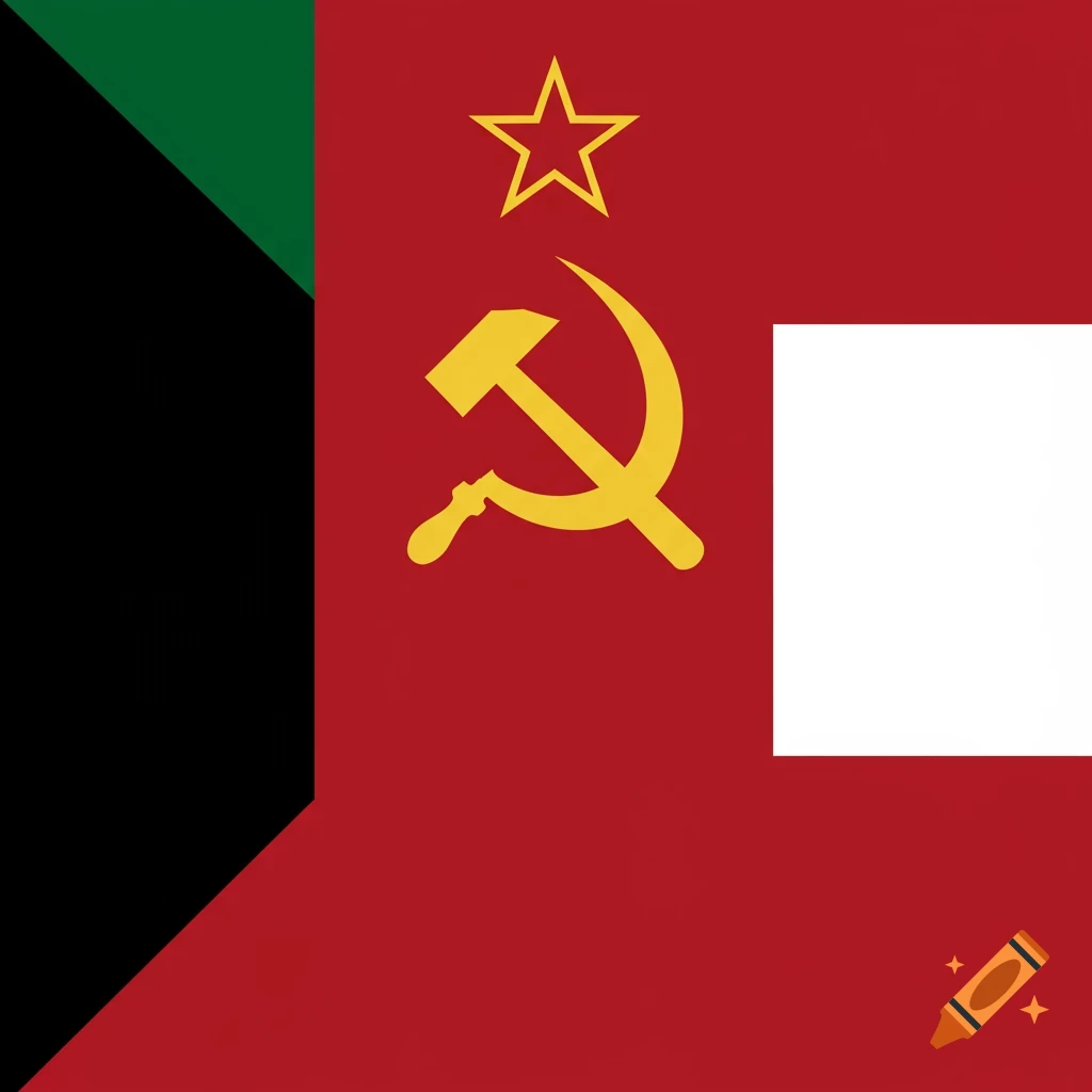 A flag design with black and green left bands, a red field with a yellow hammer and sickle and star, and a white rectangle.