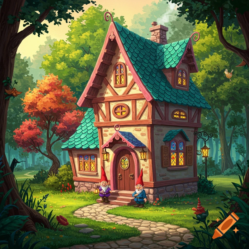 A fairytale house with gnomes in a forest clearing.