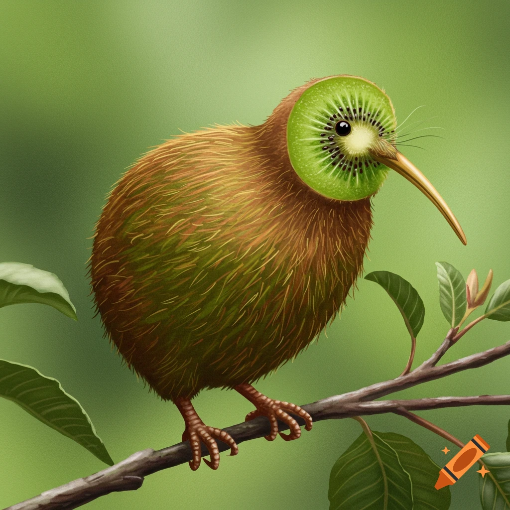 A kiwi bird with a cross-section of kiwi fruit for a head sits on a branch.
