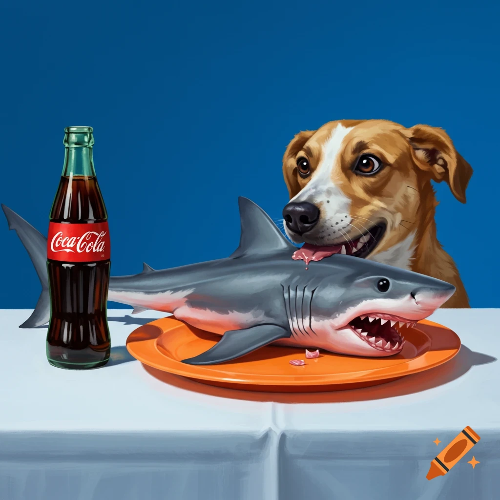 A dog eating a shark on a plate with a bottle of Coca-Cola.