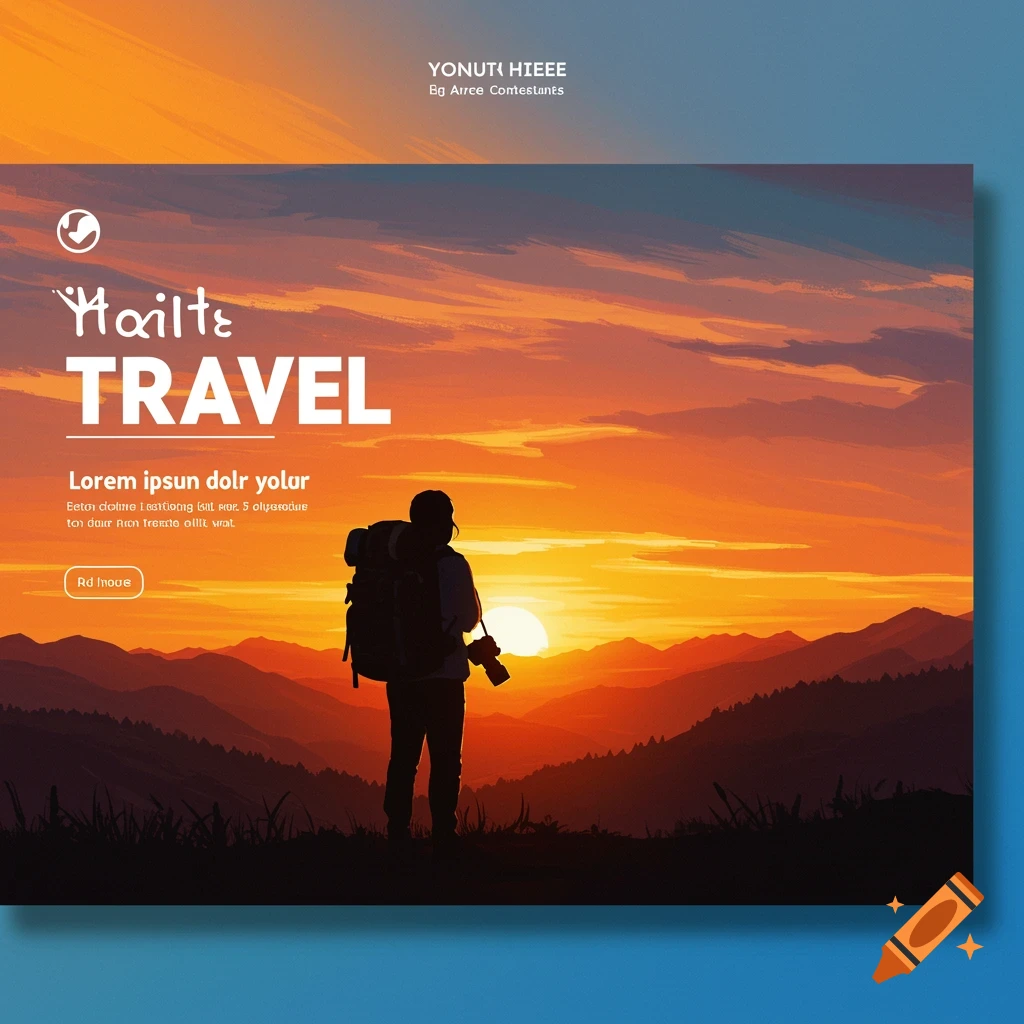Silhouette of person with backpack and camera overlooking a sunset mountain landscape banner with text.