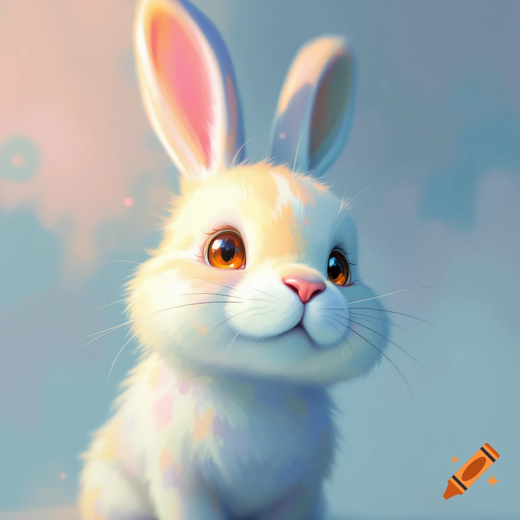 A cute, fluffy white cartoon rabbit with big orange eyes against a soft, blurry sky background.