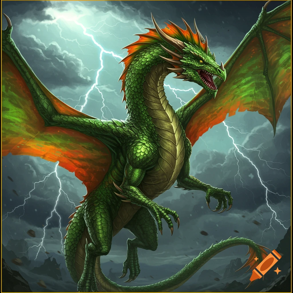 A green dragon with orange wings soars through a stormy sky illuminated by lightning.