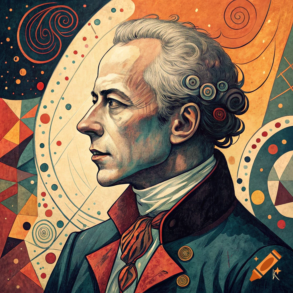 Colorful abstract painting portrait of a man in historical attire, in the style of Kandinsky.