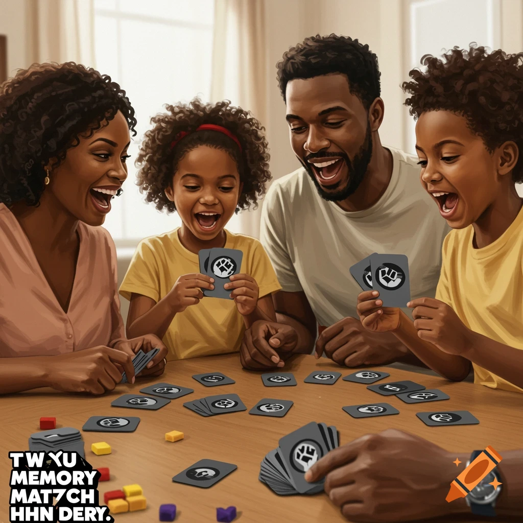 A Black family smiling and playing a card game at a table.