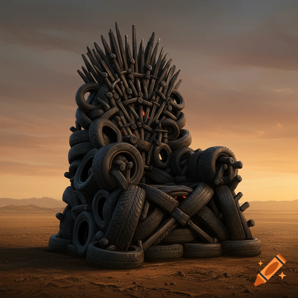 A large throne constructed entirely from used tires, set in a desolate desert landscape under a sunset sky.