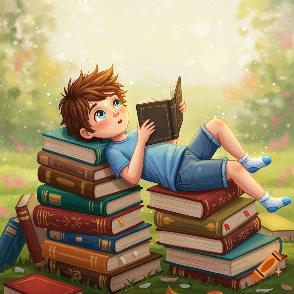 Illustrated boy reading on a stack of books in a whimsical garden.