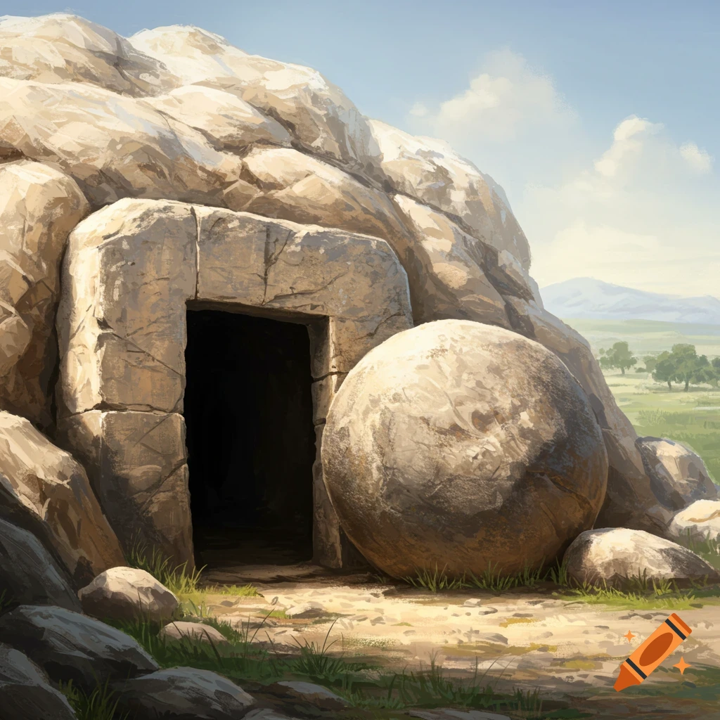 A tomb entrance with the stone rolled away, set in a rocky hill.