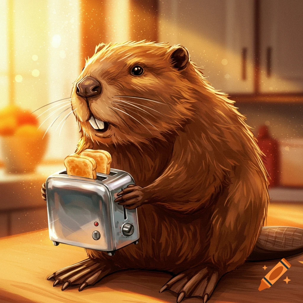 A beaver holding a toaster with toast in a kitchen.