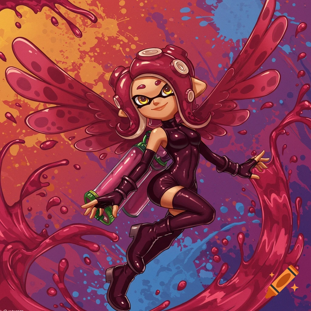 A stylized Octoling character from Splatoon flies with ink wings against a colorful ink-splattered background, holding a weapon.