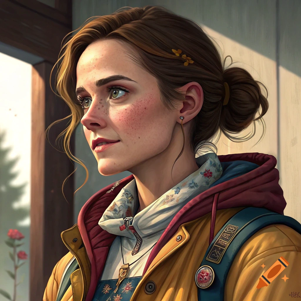 Close-up portrait of a young woman with freckles wearing a yellow jacket and backpack.
