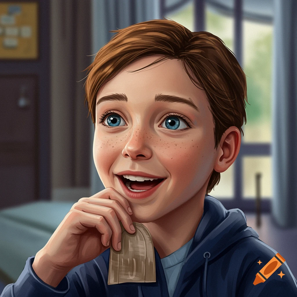A young boy with blue eyes and freckles, smiling happily.
