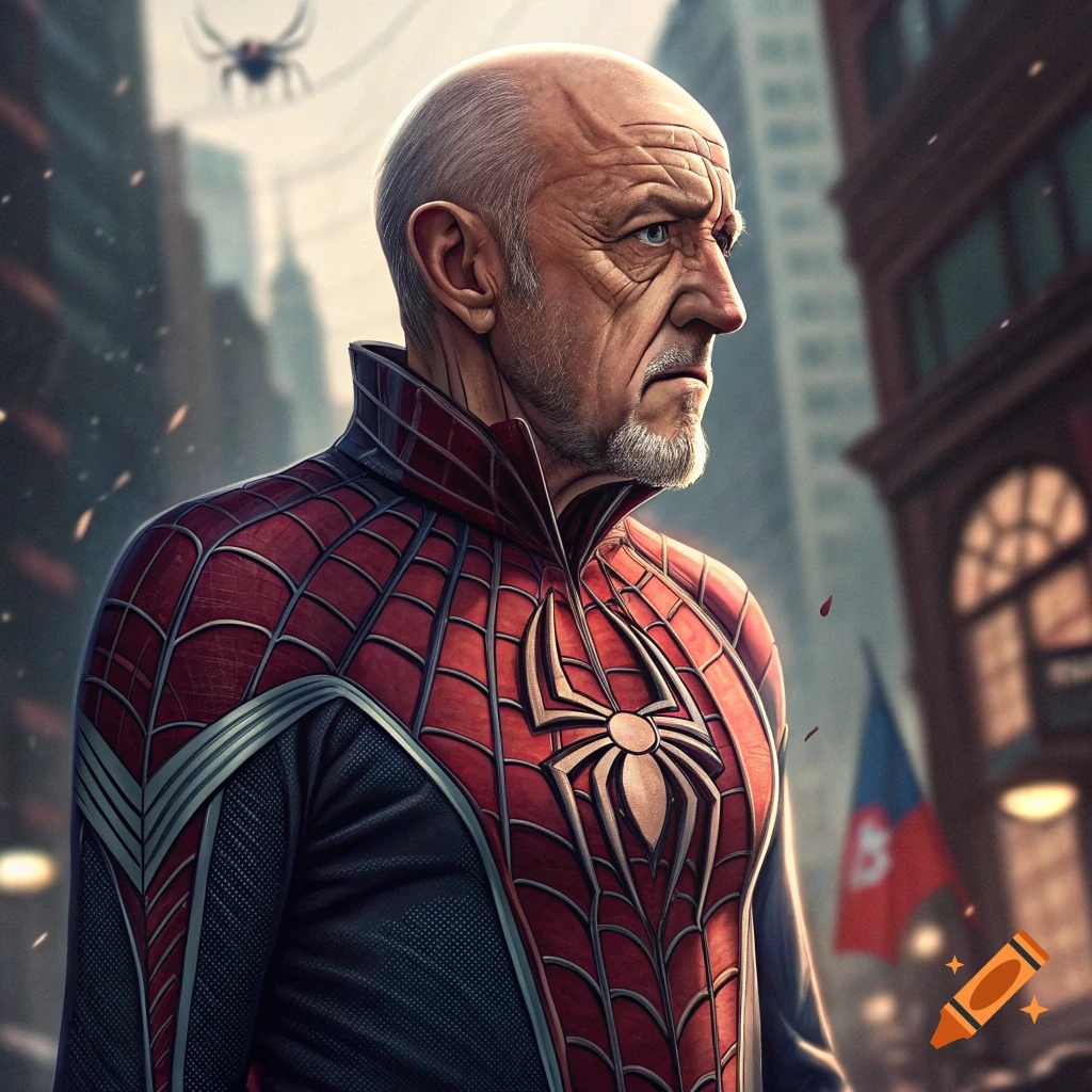 An older man with a beard wearing a red and blue Spider-Man suit stands in a city street. A large spider is blurred in the background.