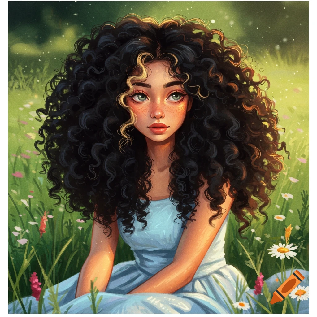 A young girl with voluminous curly black hair with blonde highlights sitting in a field of flowers.