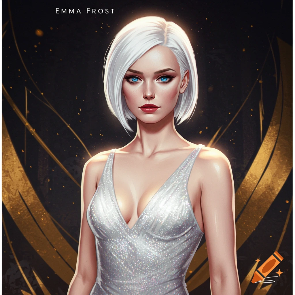 A woman with short white hair and blue eyes wears a sparkly silver dress, text says 'EMMA FROST'.