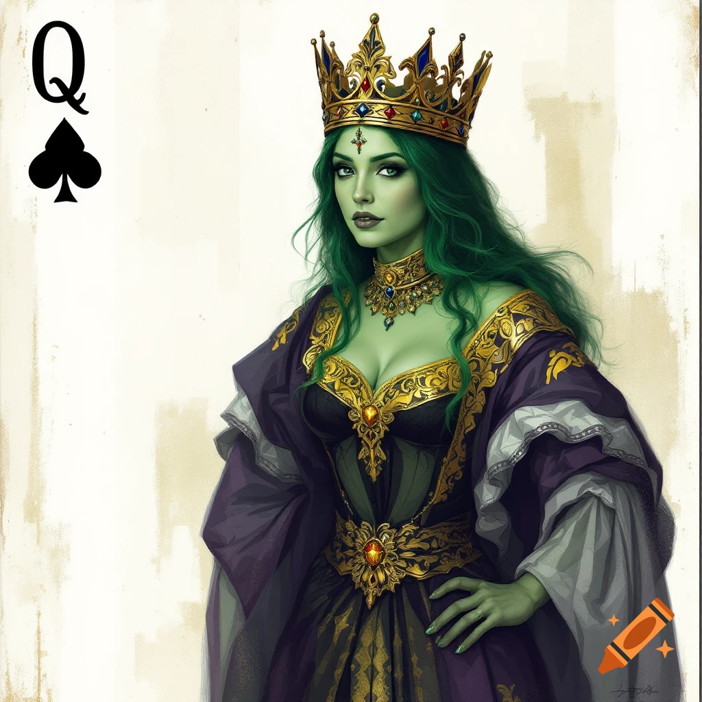 A fantasy woman with green skin and hair, wearing a crown and purple dress, like the Queen of Spades playing card.