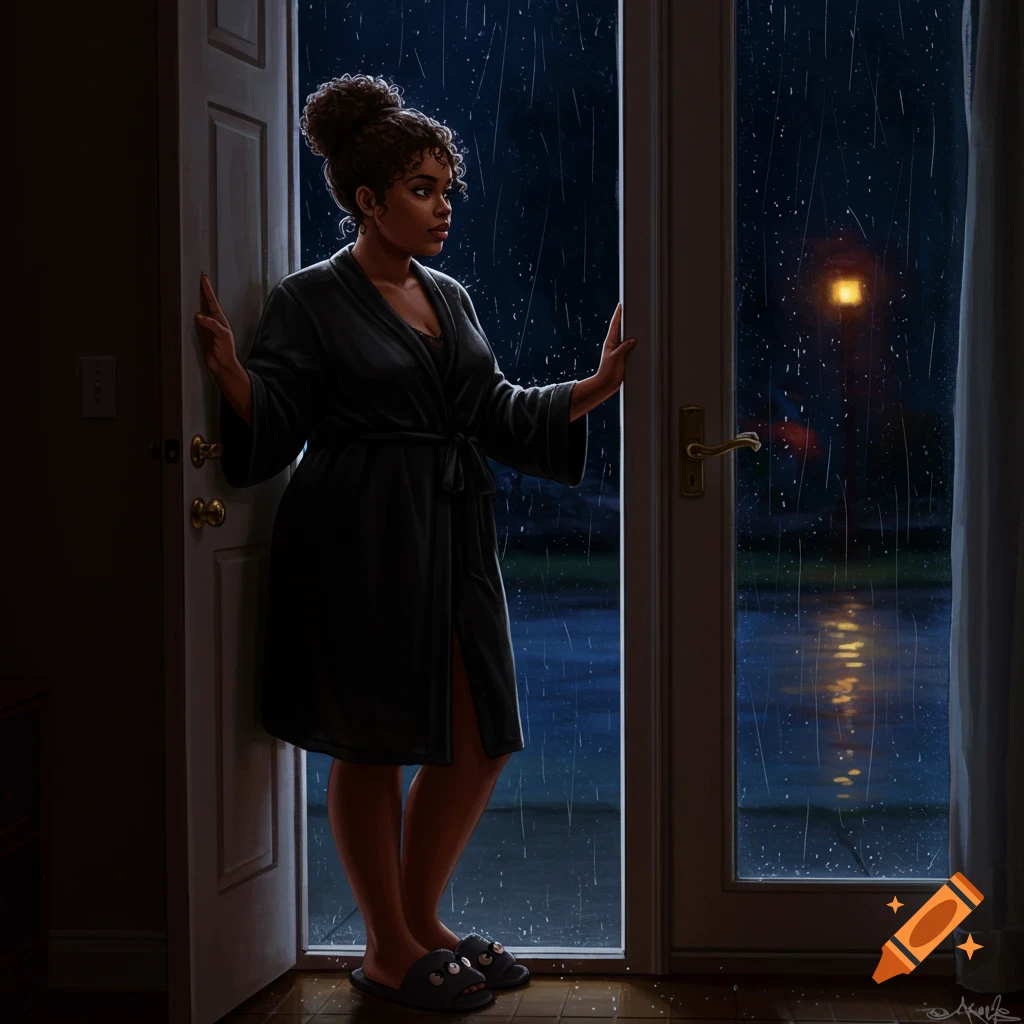 A woman in a robe stands in a doorway, gazing out at the rain at night.