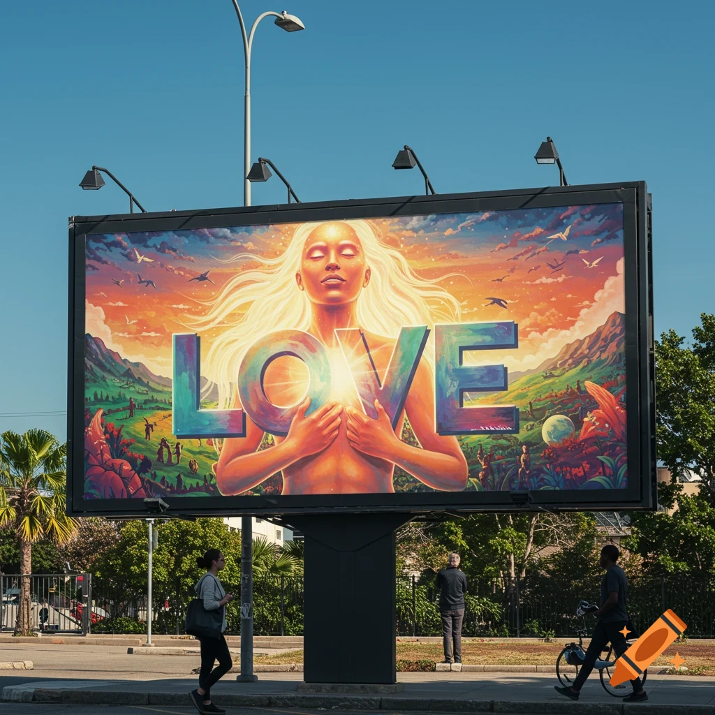 A large urban billboard displays a vibrant, surreal artwork of a figure holding colorful letters spelling LOVE, with people walking below.