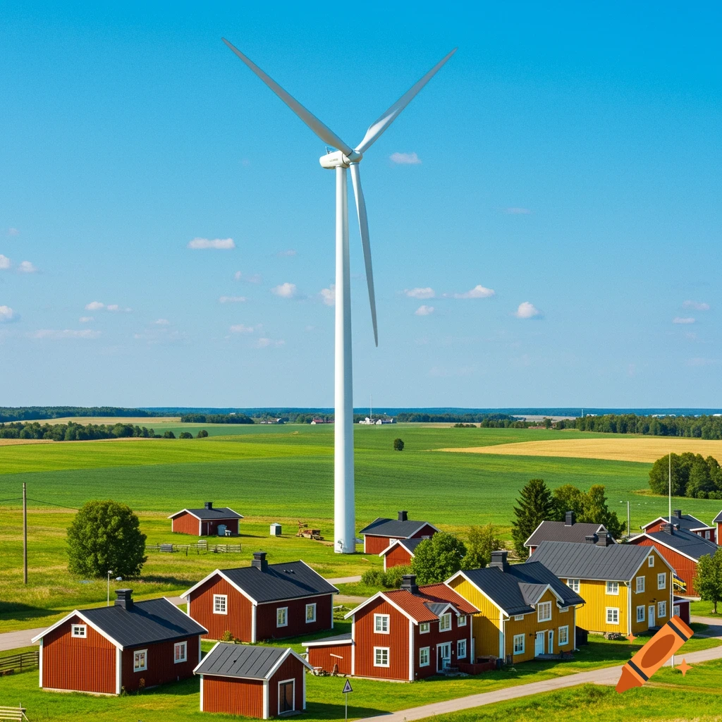 A wind turbine towers over red and yellow Swedish-style houses in a green field under a blue sky.