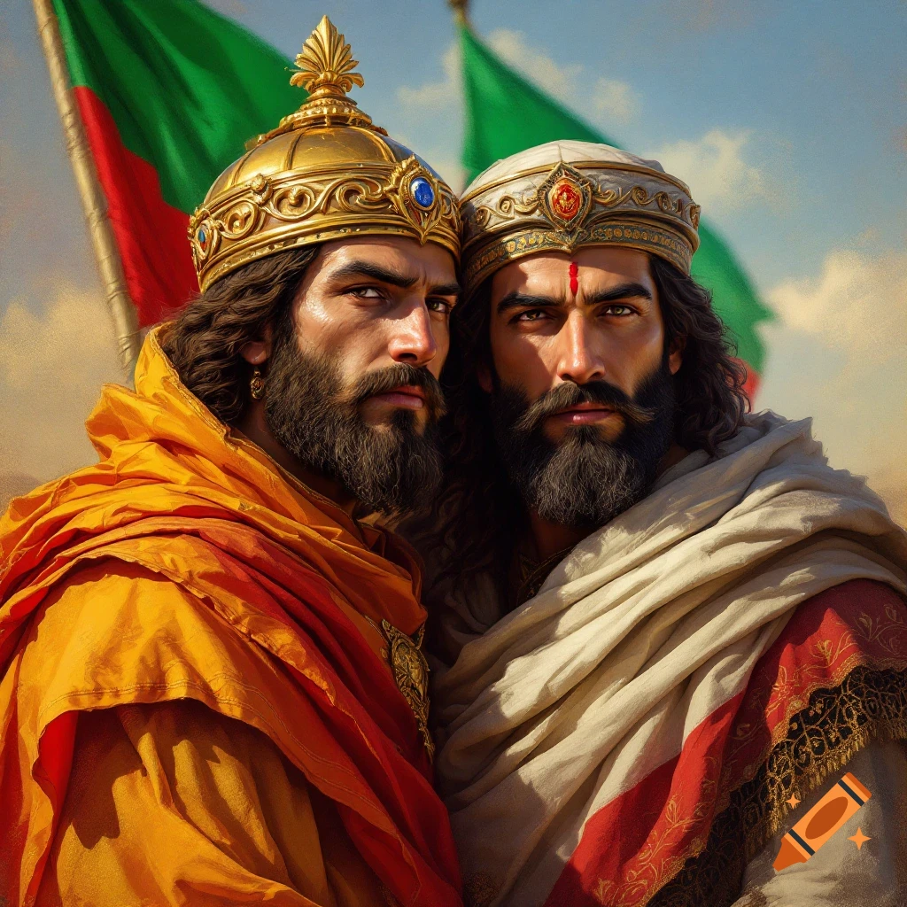 Two bearded men in crowns and robes stand before flags.